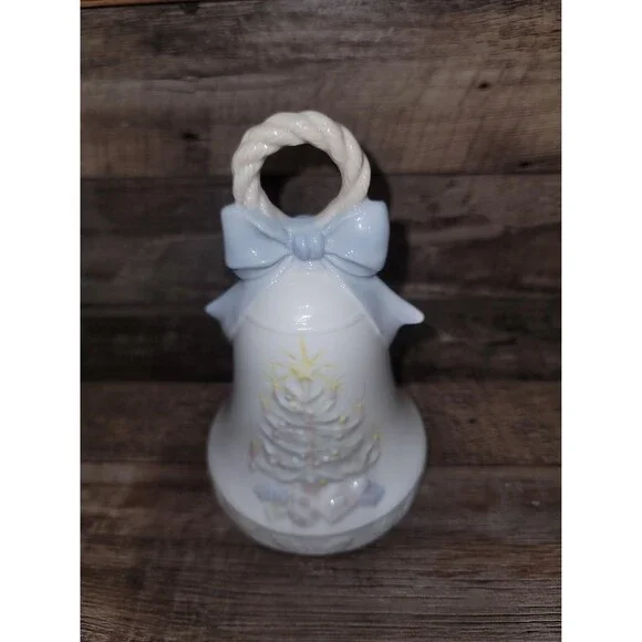 White Porcelain Christmas Musical Bell With Christmas Tree And Blue Bow 6 inch - Picture 2 of 7